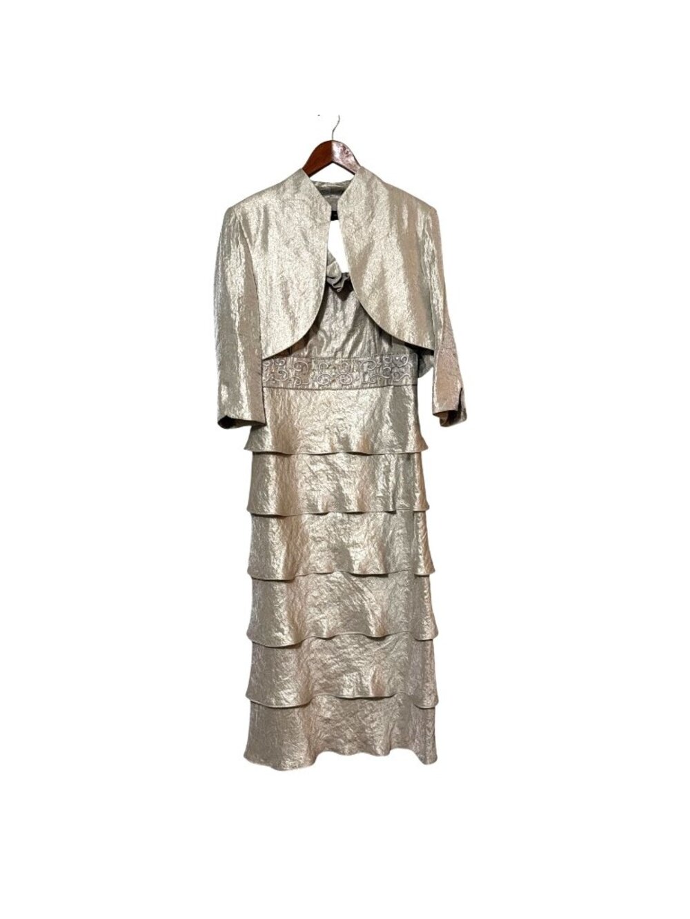 R&M Richards Womens Champagne Tiered Dress & Bolero Jacket Embellished Waist 16‎
